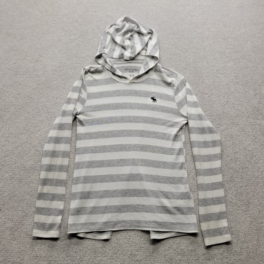 Abercrombie Kids 13/14 Gray White Striped Hooded Shirt Moose Logo Long Sleeve